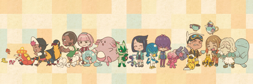 4boys 4girls anipoke_pr apron baseball_cap beard bird black_hair brown_hair captain_pikachu chansey closed_eyes crocalor cup dark-skinned_male dark_skin dot_(pokemon) eating elekid facial_hair floragato friede_(pokemon) gen_1_pokemon gen_2_pokemon gen_8_pokemon goggles goggles_on_head grid_background hair_ornament hair_over_eyes hairclip hat hattrem highres holding holding_cup jacket kilowattrel laughing liko_(pokemon) long_hair ludlow_(pokemon) maushold mollie_(pokemon) multiple_boys multiple_girls murdock_(pokemon) nintendo old old_man open_mouth orla_(pokemon) pants pikachu pink_hair pokemon pokemon_(anime) pokemon_horizons purple_hair quagsire quaxwell roy_(pokemon) running shoes short_hair shorts simple_background sinistea teeth terapagos tinkatuff upper_teeth_only white_hair
