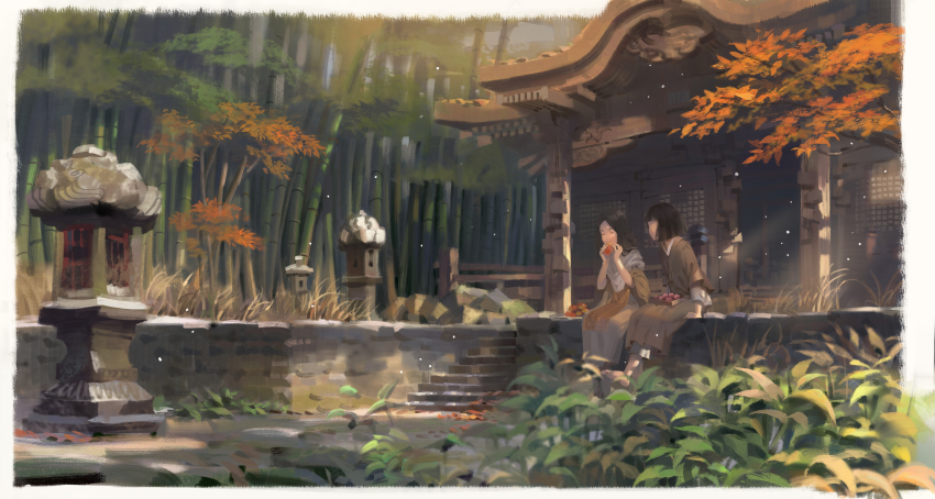 1boy 1girl absurdres architecture bamboo bamboo_forest barefoot black_hair border brown_hair building closed_eyes commentary_request divine_child_of_rejuvenation east_asian_architecture eating forest highres japanese_clothes kimono kuro_the_divine_heir long_hair nature psi_(583278318) scenery sekiro:_shadows_die_twice sitting stairs stone_lantern tree white_border