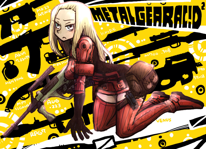 12-gauge 1girl :&lt; assault_rifle bag blonde_hair blue_eyes boots bullpup copyright_name doe774 forehead gun handgun highres holding holding_weapon kalashnikov_rifle kneeling knife long_hair m67_grenade metal_gear_(series) metal_gear_acid metal_gear_acid_2 mk23 p90 personal_defense_weapon pistol rifle rocket_launcher rpg rpg-7 rpg_(weapon) satchel sniper_rifle steyr_aug submachine_gun target turtleneck venus_(mga) weapon yellow_background