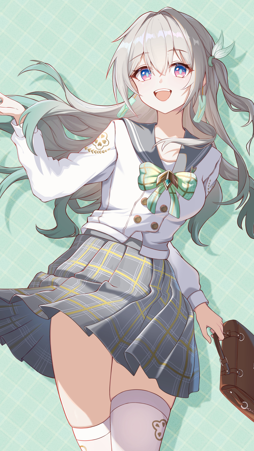1girl absurdres bag black_hairband bow breasts collarbone firefly_(honkai:_star_rail) firefly_(spring_missive)_(honkai:_star_rail) gradient_hair green_background green_bow grey_hair grey_skirt hair_between_eyes hair_ornament hairband highres holding holding_bag honkai:_star_rail honkai_(series) long_hair long_sleeves medium_breasts multicolored_hair official_alternate_costume open_mouth peachenvy pink_eyes school_bag school_uniform shirt skirt smile solo thick_thighs thighhighs thighs white_shirt white_thighhighs