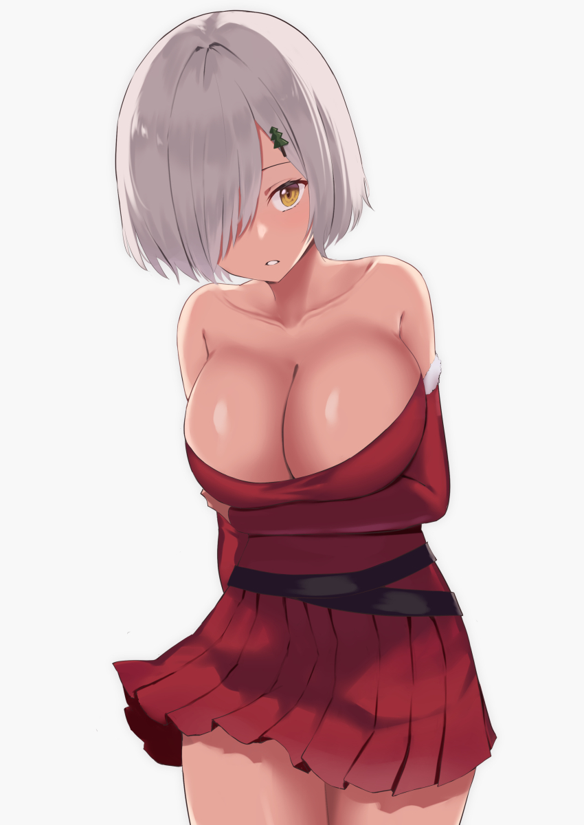 1girl absurdres alternate_costume alternate_eye_color bare_shoulders breasts christmas_tree_hair_ornament cleavage collarbone commentary cowboy_shot dress grey_hair hair_ornament hair_over_one_eye hamakaze_(kancolle) highres kantai_collection lanthan large_breasts off-shoulder_dress off_shoulder pleated_dress red_dress short_hair simple_background solo white_background yellow_eyes