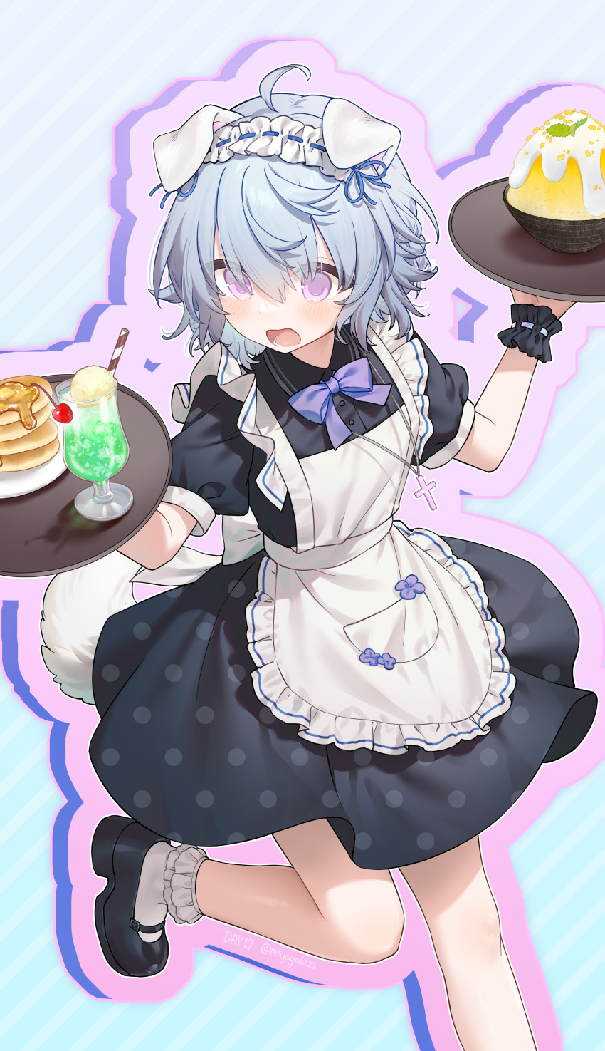 1girl absurdres animal_ears apron black_dress black_shoes black_wrist_cuffs blue_background blue_hair blush bow bowtie commentary_request cross cross_necklace dog_ears dog_girl dog_tail dress drop_shadow food fried_rice frilled_apron frills highres holding holding_tray ice_cream ice_cream_float jewelry maid maid_headdress miyayoki necklace open_mouth original outline pancake pancake_stack plate polka_dot polka_dot_dress purple_bow purple_bowtie purple_eyes shoes short_hair socks standing standing_on_one_leg striped_background tail tray white_apron white_socks wrist_cuffs