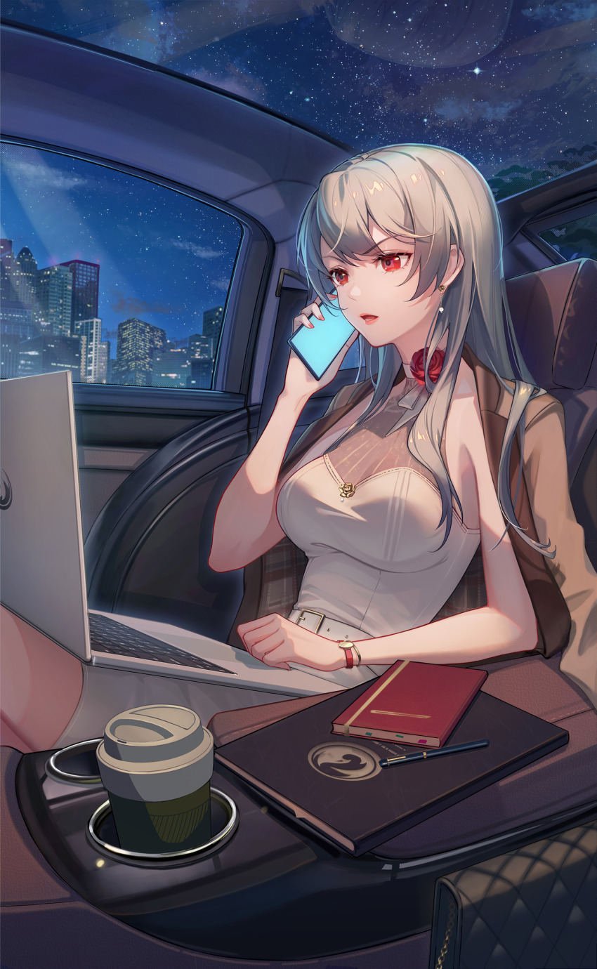 1girl absurdres breasts city crazy_ones cup disposable_coffee_cup disposable_cup dress earrings formal_clothes grey_hair highres jewelry large_breasts long_hair night night_sky notebook official_art red_eyes sitting sky solo talking_on_phone white_dress xia_bing_(crazy_ones)