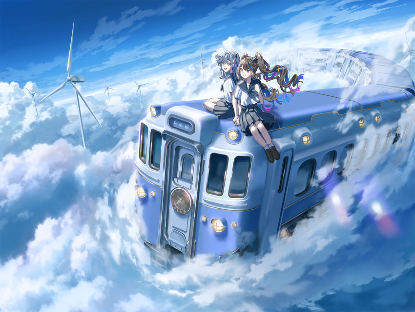 2girls :d airi_kanna alternate_costume blue_eyes blue_hair breasts brown_hair closed_mouth cloud colored_inner_hair commentary_request day dragon_girl dragon_horns feather_hair_ornament feathers foot_dangle grey_hair grey_sailor_collar grey_skirt hair_ornament highres horns loafers long_hair multicolored_hair multiple_girls official_art on_train open_mouth outdoors pleated_skirt purple_hair sailor_collar school_uniform serafuku shijohane shirt shoes short_sleeves sitting skirt sky smile socks stellive streaked_hair train twintails vesperbell video_thumbnail virtual_youtuber white_shirt white_socks wide_shot wind_turbine windmill yomi_(vesperbell)