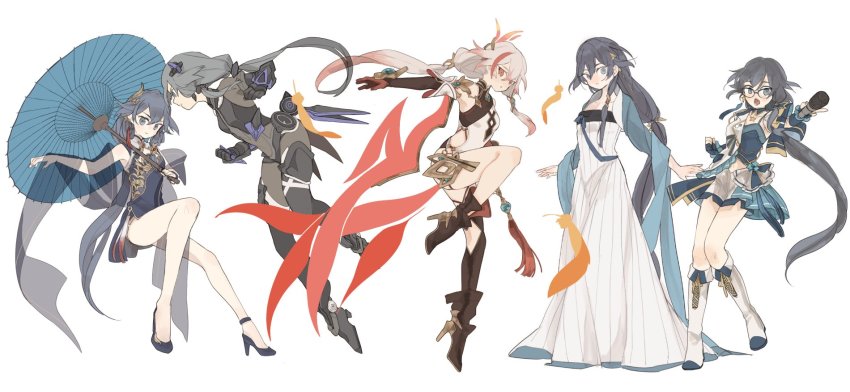 5girls :o bare_shoulders black_gloves black_hair blue_dress blue_eyes breasts brown_legwear china_dress chinese_clothes closed_mouth dress fu_hua fu_hua_(phoenix) fu_hua_(shadow_knight) fu_hua_(valkyrie_accipiter) full_body glasses gloves hair_between_eyes hanfu high_heels highres holding holding_umbrella honkai_(series) honkai_impact_3rd long_hair long_sleeves looking_at_viewer mogomaco multicolored_hair multiple_girls multiple_persona oil-paper_umbrella open_mouth ponytail qixiong_ruqun red_eyes simple_background single_thighhigh sleeveless sleeveless_dress small_breasts streaked_hair thighhighs umbrella very_long_hair white_background white_dress white_hair
