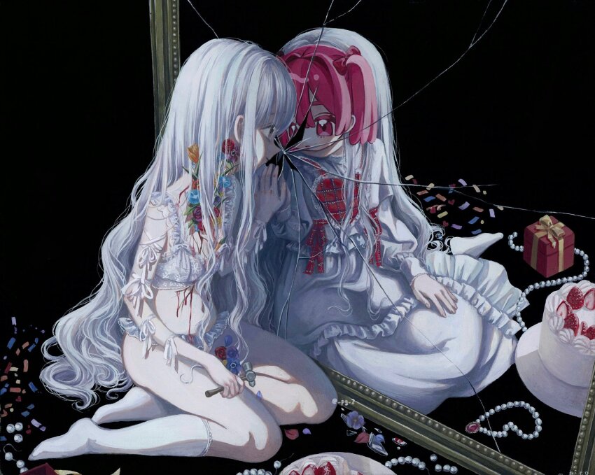 1girl black_background blood blue_flower box bra broken_mirror cake different_reflection dress flower food frilled_bra frilled_dress frilled_panties frills fruit gift gift_box hammer highres holding holding_hammer jewelry long_hair looking_at_reflection mask mirror monou_pico necklace original panties pearl_necklace purple_flower red_flower red_rose reflection ribbon rose simple_background sitting socks solo strawberry tulip underwear unworn_jewelry unworn_necklace very_long_hair white_bra white_dress white_hair white_panties white_socks yellow_flower yokozuwari