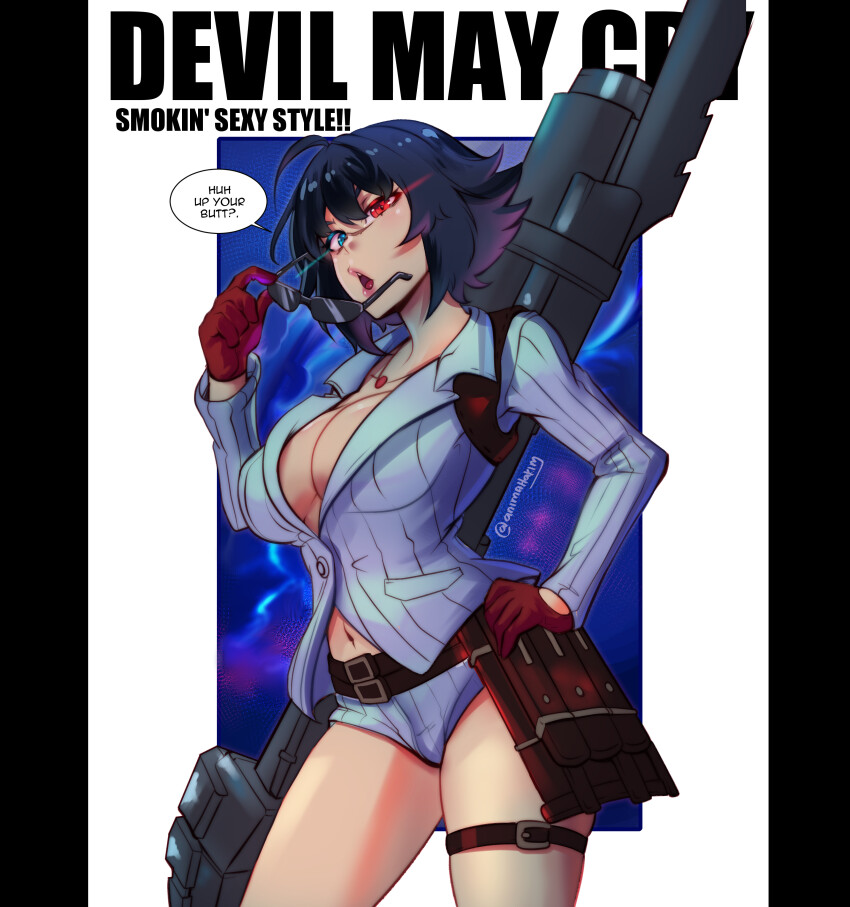 1girl absurdres animahakim artist_name black_hair breasts cleavage copyright_name devil_may_cry devil_may_cry_(series) devil_may_cry_4 gloves hand_on_own_hip heterochromia highres jacket kalina_ann_(weapon) lady_(devil_may_cry) looking_at_viewer navel no_bra red_gloves rocket_launcher shorts speech_bubble sunglasses weapon white_jacket white_shorts