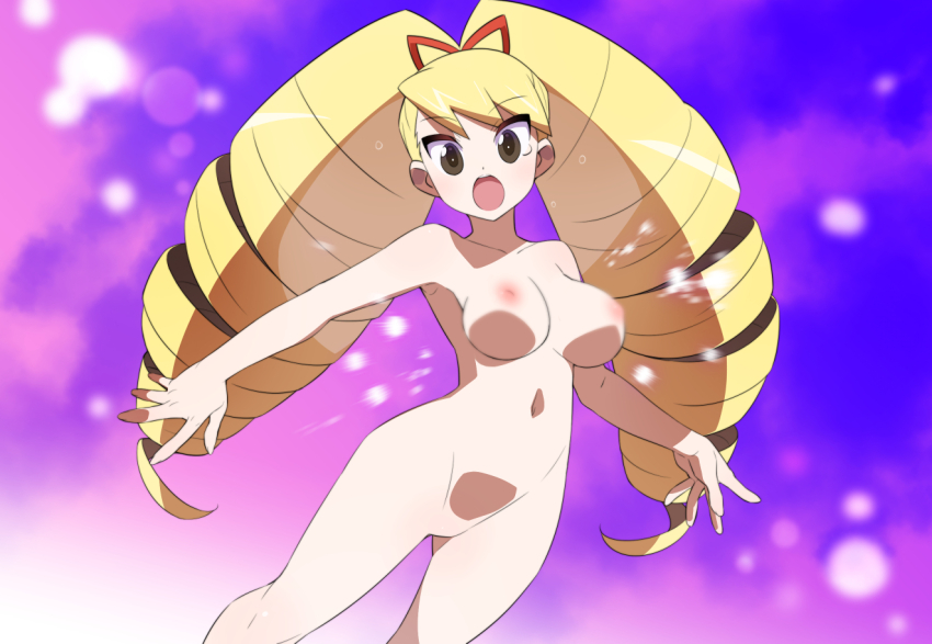 1girl blonde_hair bow breast_expansion breasts completely_nude em_wave_change_(mega_man) hair_bow henshin kaidou_zx long_hair luna_platz_(mega_man) mega_man_(series) mega_man_star_force_(series) navel nipples no_pussy nude open_mouth red_bow surprised variant_set very_long_hair