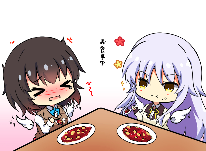 &gt;_&lt; 2girls :t angel_beats! angel_wings aoi_erika black_hair blush bright_pupils brown_vest chibi chibi_only closed_mouth commentary_request eating food food_on_face frown hair_between_eyes heaven_burns_red highres holding holding_spoon jacket long_hair long_sleeves mapo_tofu multiple_girls neck_ribbon nose_blush open_mouth ribbon school_uniform sekibaracheice shirt short_hair simple_background sound_effects sparkle spoon table tears tenshi_(angel_beats!) twitching upper_body vest white_background white_hair white_pupils white_shirt wings yellow_eyes yellow_jacket yellow_ribbon