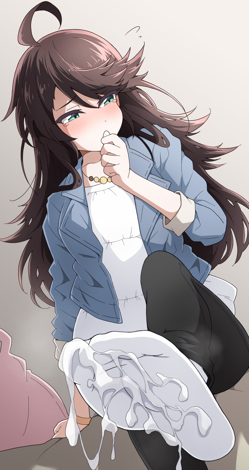 1girl absurdres ahoge black_pants blue_jacket blush brown_hair cum cum_on_body cum_on_feet denim denim_jacket foot_focus from_below green_eyes highres jacket jewelry leg_up long_hair looking_to_the_side necklace nel-c original paid_reward_available pants shirt socks solo variant_set white_shirt white_socks