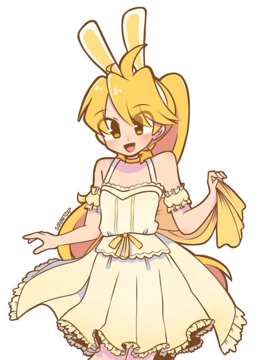 1girl animal_ear_hairband animal_ears blonde_hair blush brown_eyes dress fake_animal_ears hairband highres long_hair looking_at_viewer nintendo open_mouth pokemon pokemon_adventures ponytail simple_background smile sofo_soup solo white_background yellow_(pokemon) yellow_dress
