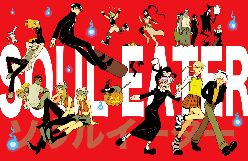 absurdres azusa_yumi black_star blair_(soul_eater) blonde_hair copyright_name crona_(soul_eater) death_the_kid elizabeth_thompson excalibur_(soul_eater) franken_stein_(soul_eater) highres hitodama jack-o&#039;-lantern justin_law kilik_lunge maka_albarn marie_mjolnir mira_kniges multiple_boys multiple_girls nakatsukasa_tsubaki patricia_thompson pink_hair plaid_clothes plaid_skirt pot_of_fire pot_of_thunder ragnarok_(soul_eater) red_background sarakipin shinigami-sama sid_barett skirt soul_eater soul_evans spirit_albarn twintails white_hair