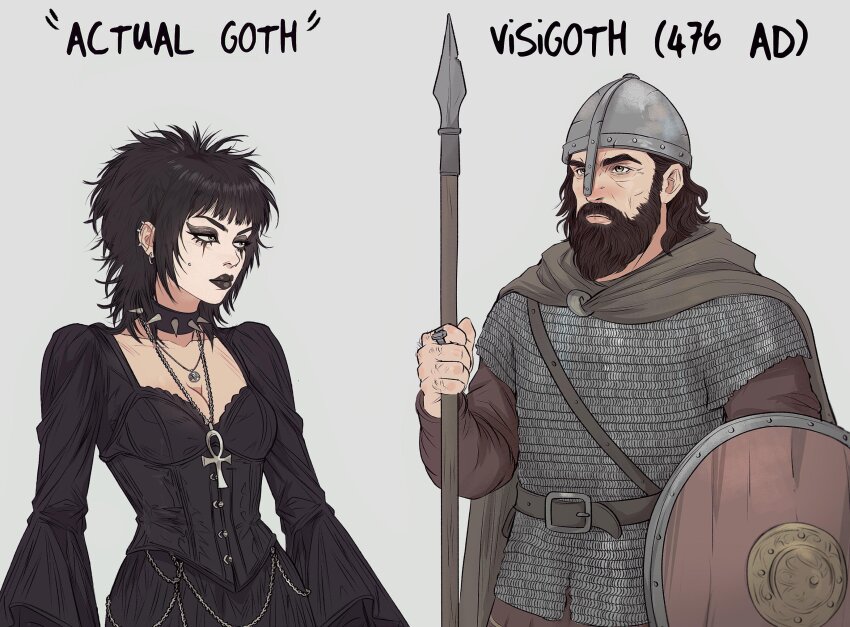 1boy 1girl ankh armor beard bell_sleeves belt belt_buckle black_collar black_dress black_eyeshadow black_hair black_lips borrowed_character brown_cape brown_hair buckle cape chain chainmail cheek_piercing closed_eyes collar commentary dress earrings english_commentary english_text eyeshadow eyeshadow_under_eye face_piercing facial_hair full_beard grey_background grey_belt highres holding holding_polearm holding_shield holding_weapon hoop_earrings inverted_pentagram jewelry long_shirt long_sleeves looking_ahead looking_at_another makeup medium_hair messy_hair mustache nasal_helmet necklace original pendant piercing polearm purple_shirt ring shield shirt shoulder_strap sigil sigil_of_baphomet spear spiked_collar spiked_ear_piercing spikes thick_mustache visigoth weapon yellow_eyes yoracrab