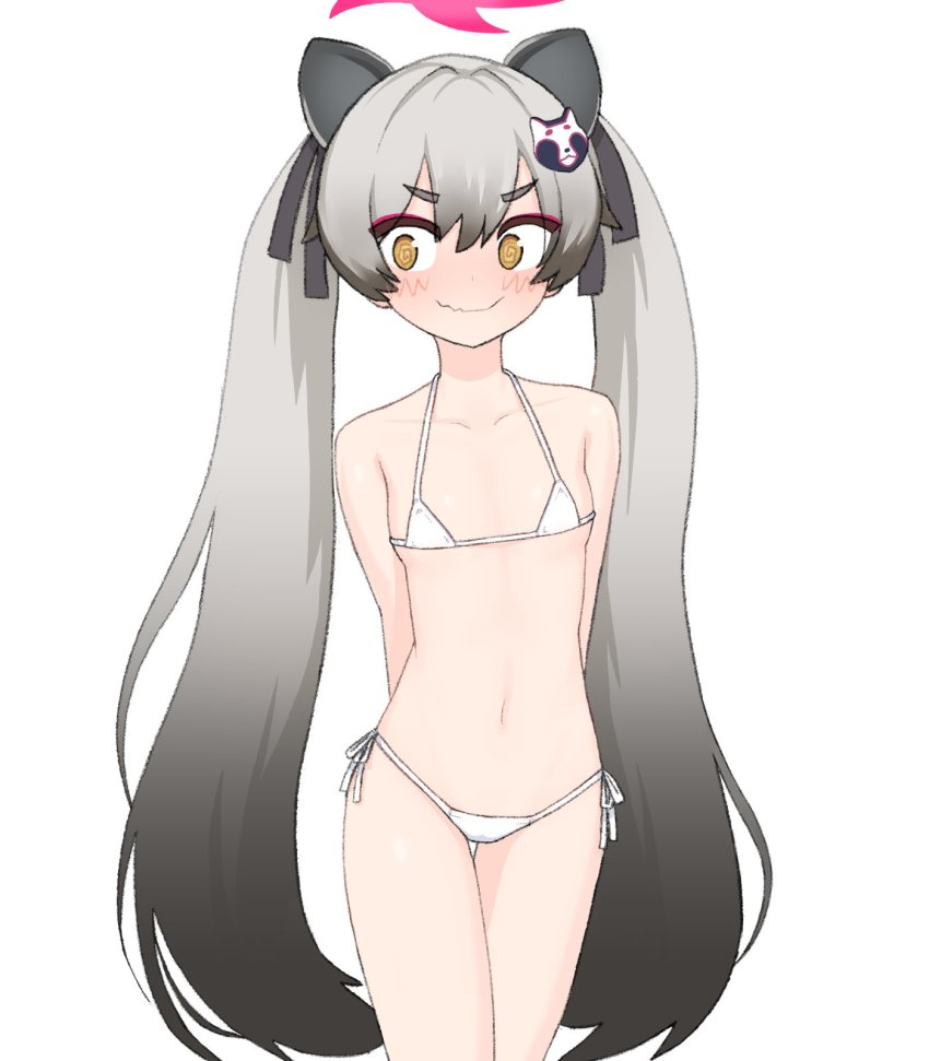 1girl @_@ animal_ears arms_behind_back bare_shoulders bikini blue_archive blush breasts closed_mouth collarbone cowboy_shot gradient_hair grey_hair halo highres kutsusama long_hair looking_to_the_side michiru_(blue_archive) micro_bikini multicolored_hair navel side-tie_bikini_bottom small_breasts solo string_bikini swimsuit thick_eyebrows twintails wavy_mouth white_bikini yellow_eyes