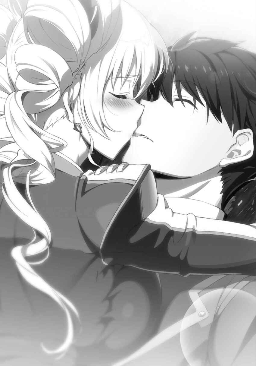 1boy 1girl assertive_female blush breasts claire_harvey closed_eyes drill_hair highres hug hundred_(light_novel) kisaragi_hayato kiss long_hair monochrome muscular muscular_male novel_illustration official_art ookuma_nekosuke school_uniform short_hair sideboob twin_drills