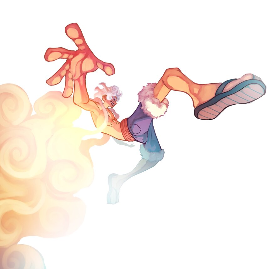 absurdres cloud gear_fifth highres monkey_d._luffy one_piece perspective sandals shorts straw_hat_pirates stretched_limb topless_male white_background white_hair yaaflin