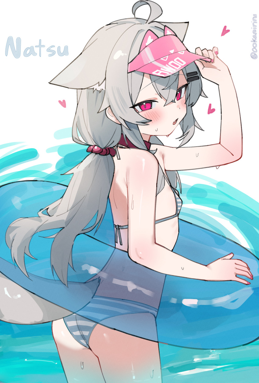 absurdres animal_ears bikini blue_innertube breasts collar commentary_request ears_down extra_ears fang fenrir_(fenriluuu) grey_bikini grey_hair hair_ornament hairclip halterneck highres long_hair looking_at_viewer low_twintails original parallel_hairclips red_collar rir-chan skin_fang small_breasts striped_bikini striped_clothes swimsuit tail twintails visor_cap wolf_ears wolf_girl wolf_tail