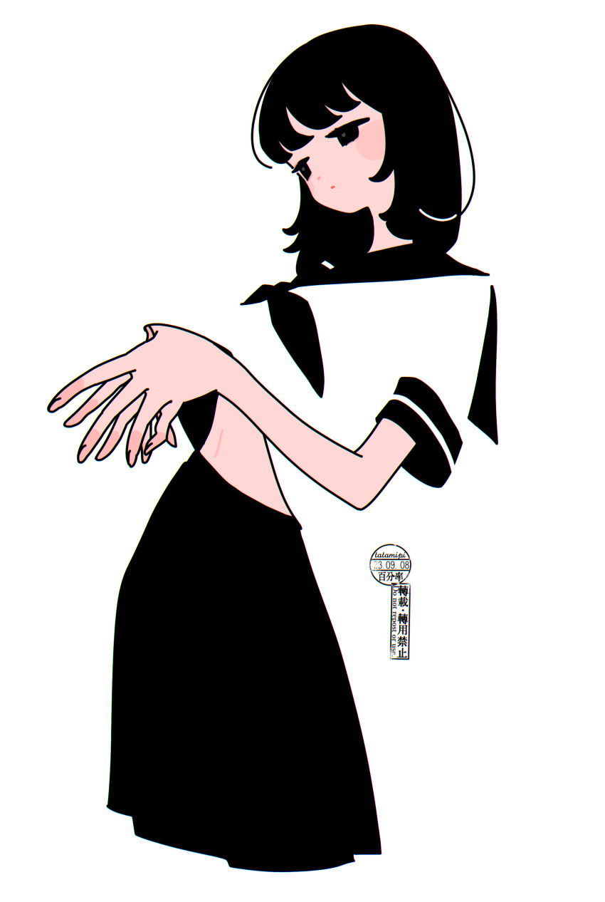 1girl absurdres black_eyes black_hair black_neckerchief black_sailor_collar black_skirt blending closed_mouth clothes_lift commentary_request cowboy_shot highres navel neckerchief original own_hands_together partial_commentary puffy_short_sleeves puffy_sleeves sailor_collar school_uniform serafuku shirt shirt_lift short_sleeves skirt standing tatamipi white_background white_shirt