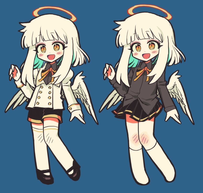1girl angel angel_wings aqua_hair black_shorts black_skirt blue_background colored_inner_hair commentary feathered_wings grey_jacket halo hand_up highres jacket juliet_sleeves kakke666 kneehighs long_hair long_sleeves looking_at_viewer low_wings multicolored_hair multiple_views original puffy_sleeves shorts simple_background skirt socks standing thighhighs white_hair white_jacket white_socks white_thighhighs white_wings wings yellow_eyes