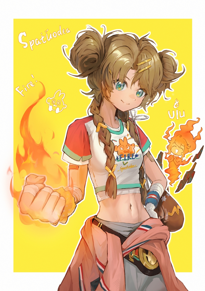 1girl absurdres belt blue_eyes blue_pants border boxing_gloves braid breasts brown_gloves brown_hair championship_belt character_name clenched_hand closed_mouth clothes_around_waist double_bun elemental_(creature) fire fire_elemental flaming_hand gloves hair_bun hand_on_own_hip highres long_hair looking_at_viewer low_twin_braids medium_breasts midriff navel outside_border pants pingfan_de_mao reverse:1999 scrunchie shirt short_sleeves smile solo spathodea_(reverse:1999) t-shirt twin_braids ulu_(reverse:1999) unworn_gloves upper_body white_border white_shirt wrist_scrunchie yellow_background yellow_scrunchie