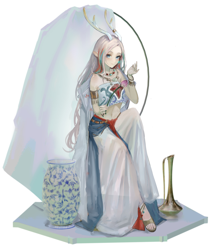 1girl a_deer_of_nine_colors absurdres animal_ears anklet antler_ornament antler_ring antlers arknights armlet bare_shoulders blue_eyes blue_hair bracelet closed_mouth commentary deer_antlers deer_ears deer_girl earrings flower full_body highres holding holding_flower horns jewelry long_hair long_skirt looking_at_viewer maria_(syake-uni) multicolored_hair navel necklace nine-colored_deer red_hair sandals shirt single_earring sitting skirt smile solo strapless strapless_shirt streaked_hair tube_top vase very_long_hair white_background white_hair white_skirt white_tube_top