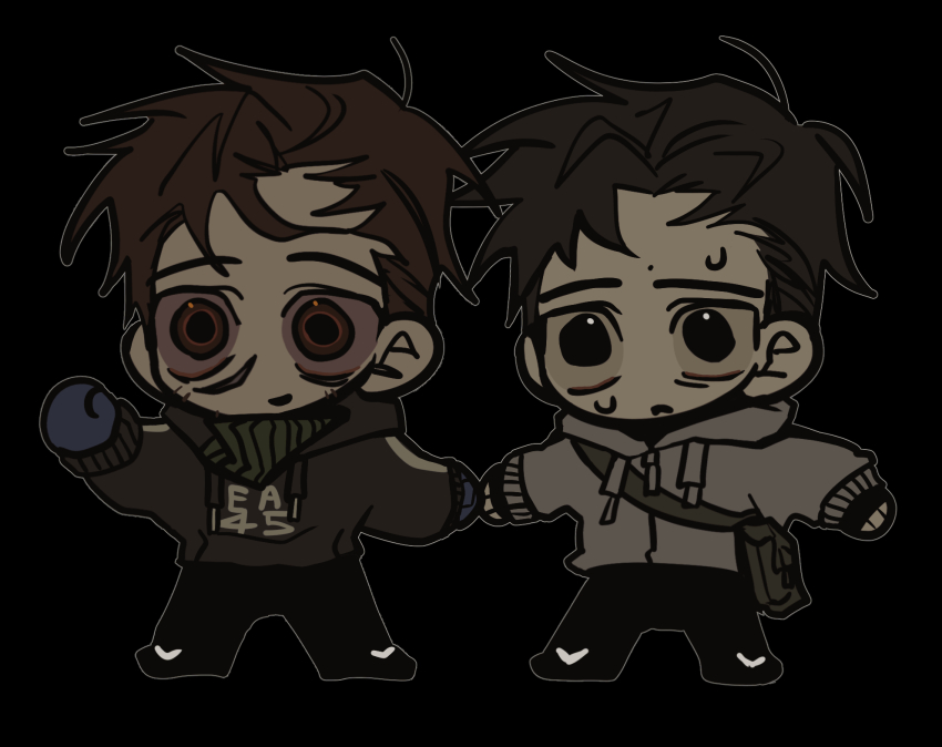 2boys afraid_of_monsters bag black_background black_eyes black_gloves black_hair black_hoodie bloodshot_eyes brown_eyes brown_hair chibi chibi_only cry_of_fear david_leatherhoff fingerless_gloves gloves grey_hoodie highres holding_hands hood hood_down hoodie ju-san looking_at_viewer male_focus messy_hair multiple_boys nervous_sweating outline print_hoodie scar scar_on_face short_hair shoulder_bag simon_henriksson sweat sweatdrop turtleneck waving white_outline