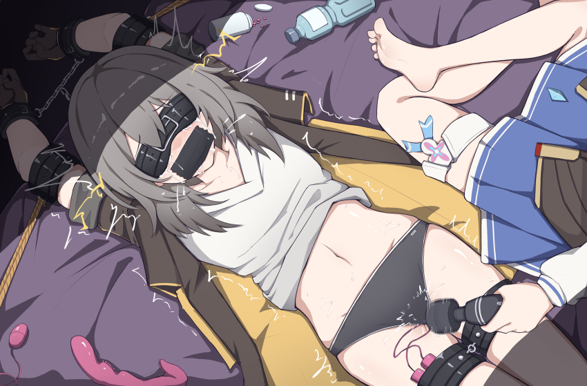 2girls arms_up bdsm bed bed_sheet belly black_panties black_thighhighs blindfold blue_skirt blush bondage bottle bottle_cap bound bound_arms bound_legs bound_wrists breasts collarbone crossed_legs crying crying_under_blindfold cuffs drooling drugs duct_tape egg_vibrator elbow_cuffs feet female_focus female_orgasm forced_orgasm gag gagged grey_hair hair_intakes highres hitachi_magic_wand holding_vibrator honkai:_star_rail honkai_(series) improvised_gag indoors jacket leg_cuffs legs legs_together lying march_7th_(honkai:_star_rail) medium_hair molestation motion_lines multiple_girls navel on_back orgasm panties pill pill_bottle pleated_skirt purple_sheet restrained rope saliva saliva_trail sex sex_toy shadow skindentation skirt small_breasts soles solo_focus stelle_(honkai:_star_rail) tape tape_gag tears thigh_strap thighhighs thighs trailblazer_(honkai:_star_rail) underwear vibrator vibrator_cord vibrator_in_thigh_strap vibrator_under_clothes vibrator_under_panties water_bottle xiao_chai_hu yuri