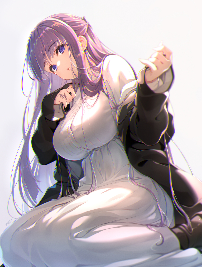 1girl absurdres black_coat breasts coat dress fern_(sousou_no_frieren) highres large_breasts long_hair long_sleeves looking_at_viewer purple_eyes purple_hair solo sousou_no_frieren tel-o white_dress