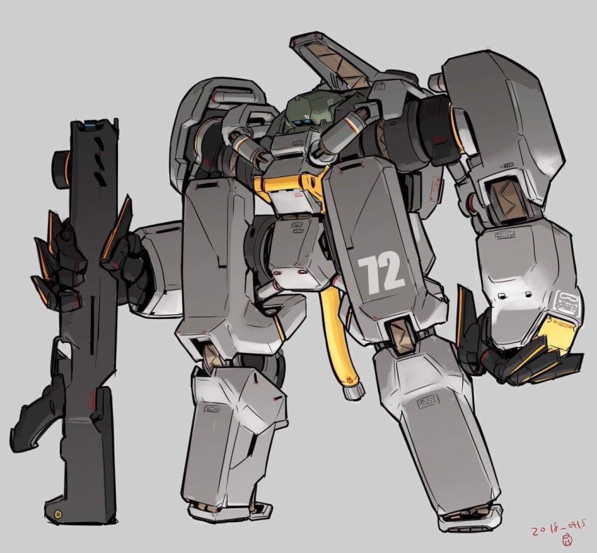 armor blue_eyes clenched_hand dated full_armor grey_background gun holding holding_gun holding_weapon jgsdf_type_07_tank_nacchin looking_ahead mecha moi_moi7 no_humans original robot science_fiction solo weapon