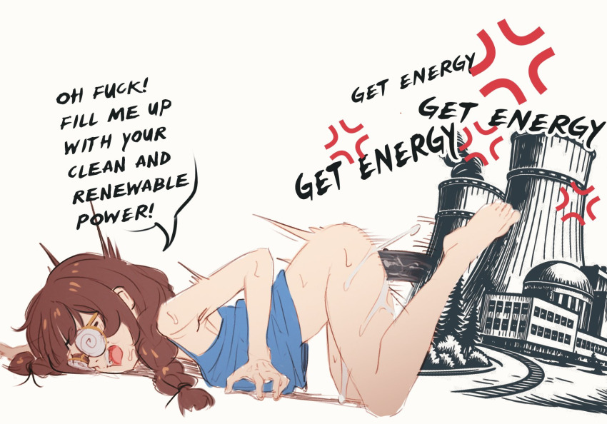 1girl anger_vein barefoot blue_camisole bottomless braid brown_hair butterchalk camisole coke-bottle_glasses cum cum_overflow english_text from_side glasses highres long_hair meme nuclear_reactor open_mouth original penis plap_plap_plap_get_pregnant_(meme) power_plant realda_(vibrantrida) sex speech_bubble top-down_bottom-up twin_braids what white_background