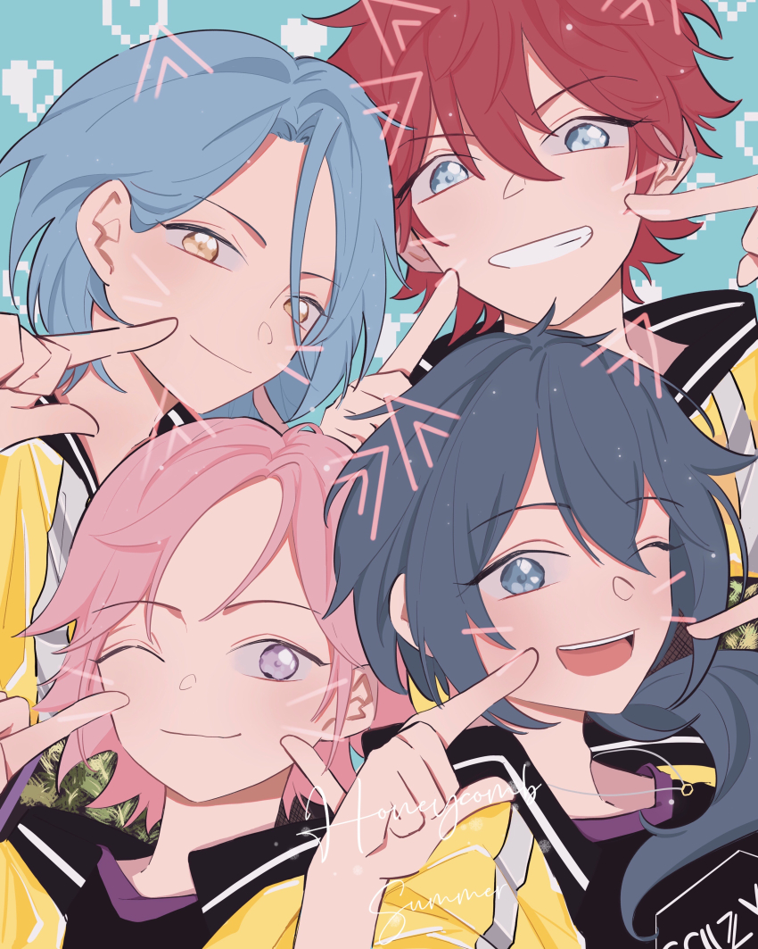 4boys absurdres amagi_rinne blue_eyes blue_hair closed_mouth crazy_b_(ensemble_stars!) ensemble_stars! grey_hair highres himeru_(ensemble_stars!) blue_background long_hair looking_at_viewer male_focus multiple_boys open_mouth oukawa_kohaku pink_hair purple_eyes red_hair shiina_niki short_hair smile yellow_eyes yuukichan112296