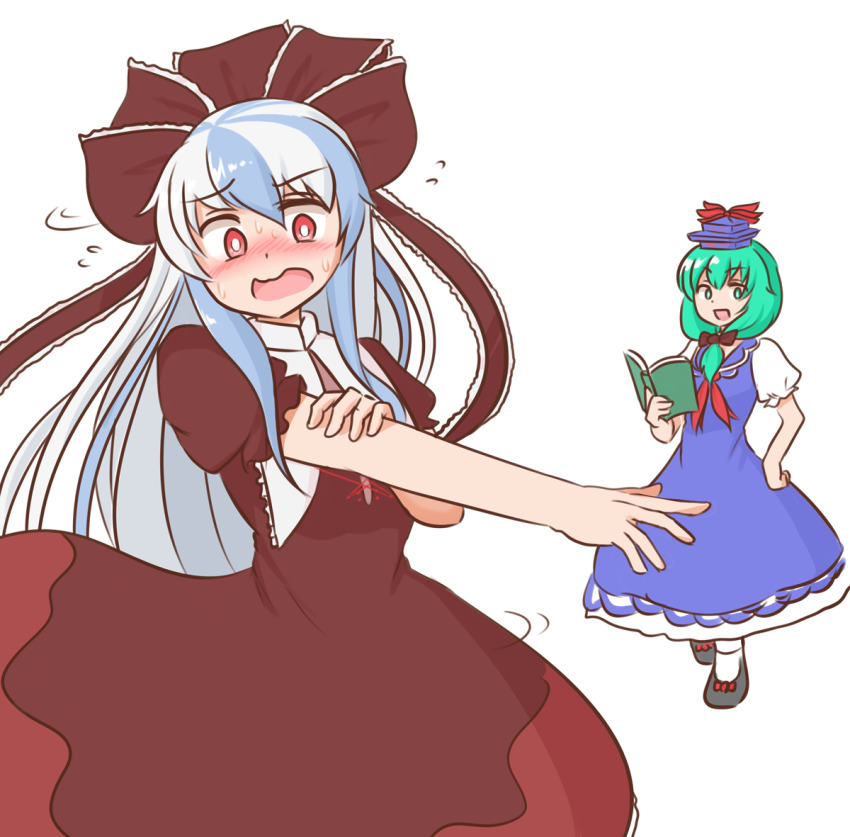 2girls :d black_footwear blue_dress blue_hair blue_headwear blush book bow bright_pupils brown_bow brown_dress brown_ribbon cosplay costume_switch dress footwear_bow frilled_ribbon frills front_ponytail green_eyes green_hair hair_bow hair_ribbon hand_on_own_hip holding holding_book holding_own_arm kagiyama_hina kagiyama_hina_(cosplay) kamishirasawa_keine kamishirasawa_keine_(cosplay) long_hair looking_at_viewer mizusoba multicolored_hair multiple_girls neckerchief open_book open_mouth red_bow red_neckerchief ribbon short_sleeves simple_background smile standing sweat touhou two-tone_hair white_background white_hair white_legwear white_pupils