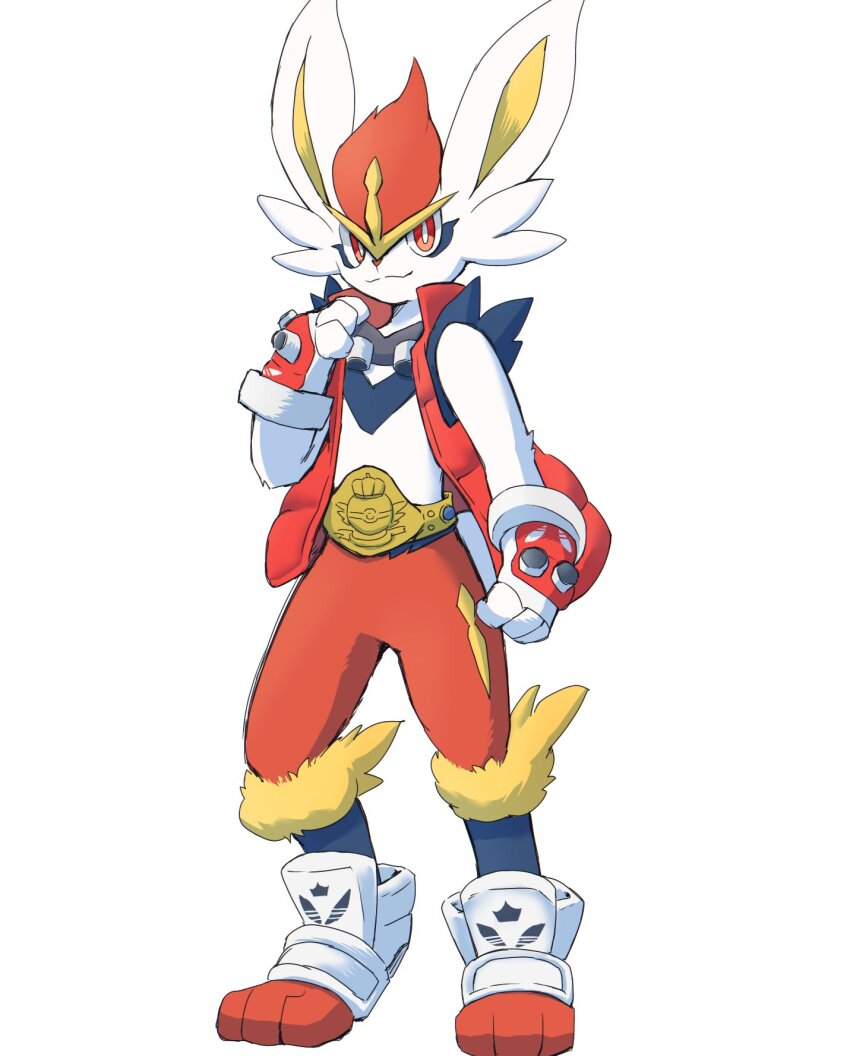1boy 2022 animal_ears belt black_fur body_fur bright_pupils championship_belt cinderace coat collarbone commentary cosplay crossover fingerless_gloves fire furry furry_male gen_8_pokemon gloves goggles goggles_around_neck gold gold_trim highres huge_eyebrows king_kazma king_kazma_(cosplay) light_smile male_focus nintendo open_clothes parted_lips pokemon pokemon_(creature) rabbit_boy rabbit_ears red_eyes red_fur red_hair red_vest serious shoes simple_background snout solo standing stirrup_footwear sukasshu_(mroooo) summer_wars upturned_eyes vest whiskers white_background white_fur white_pupils white_shoes yellow_fur