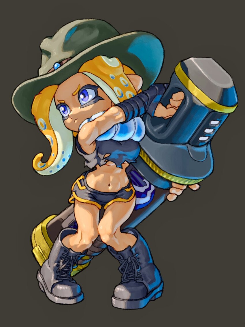 1girl black_boots black_shorts boots crop_top dark-skinned_female dark_skin decavitator_(splatoon) dolphin_shorts full_body hat highres holding holding_weapon inumaru_y nintendo octoling octoling_girl octoling_player_character orange_hair shorts simple_background solo splatoon_(series) splatoon_3 standing suction_cups tentacle_hair weapon