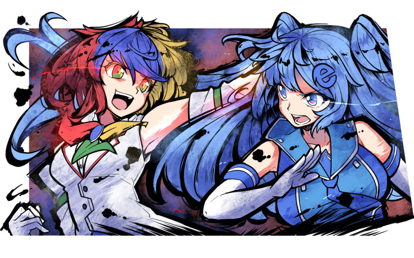 2girls bare_shoulders blonde_hair blue_eyes blue_hair breasts carillus collarbone commission elbow_gloves fighting_stance gloves glowing glowing_eyes google_chrome google_chrome_(merryweather) green_hair hair_ornament highres internet_explorer internet_explorer_(merryweather) internet_explorer_(webcomic) large_breasts long_hair medium_breasts multicolored_eyes multicolored_hair multiple_girls open_mouth personification ponytail red_hair serious short_hair smile upper_body