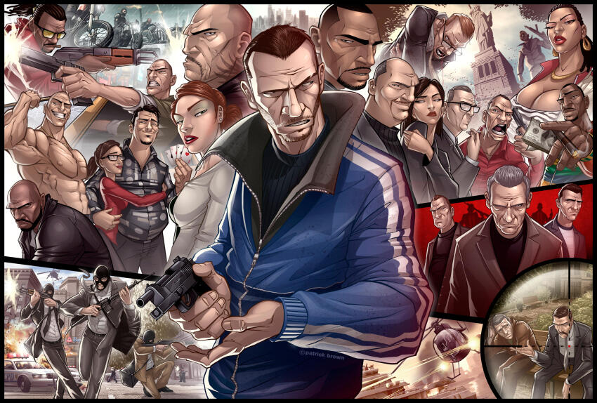 4girls 6+boys ace_(playing_card) ace_of_clubs ace_of_diamonds ace_of_hearts ace_of_spades aircraft assault_rifle attack_helicopter balaclava bald banknote beard beard_stubble bernard_(grand_theft_auto) biker_clothes black-framed_eyewear black_bag black_hair black_shirt blood blood_on_clothes blood_on_ground blue_jacket blue_sky boat breasts brown_hair brown_suit brucie_kibbutz car card cigar cigarette cleavage closed_mouth cloud club_(shape) commentary dark_skin day derrick_mcreary diamond_(shape) dimitri_rascalov dollar_bill drive-by dwayne_forge earrings elizabeta_torres english_commentary facial_hair fat fat_man fire firing formal_clothes francis_mcreary glasses grand_theft_auto grand_theft_auto_iv grand_theft_auto_iv grand_theft_auto_iv grey_hair grey_necktie grey_suit gun handgun heart helicopter highres holding holding_card holding_cigar holding_cigarette holding_gun holding_weapon hood hood_down hoodie hug hug_from_side hundred_dollar_bill jacket jacob_hughes jewelry jimmy_pegorino johnny_klebitz karen_daniels kate_mcreary large_breasts leather leather_jacket long_hair looking_at_another looking_at_viewer looking_to_the_side luis_lopez mallorie_bardas mikhail_faustin military_vehicle money motor_vehicle motorcycle multiple_boys multiple_girls muscular muscular_male mustache neck_tattoo necktie niko_bellic ocean on_bench on_motorcycle open_mouth pants patrick_brown phil_bell playing_card police police_car police_uniform rain rappelling ray_boccino red_hair red_hoodie red_lips rifle roman_bellic shirt short_hair shotgun sitting sky smoke smoking spade_(shape) standing statue_of_liberty stubble suit tattoo teafore_maxwell-davie topless_male track_jacket vladimir_glebov watercraft weapon white_shirt