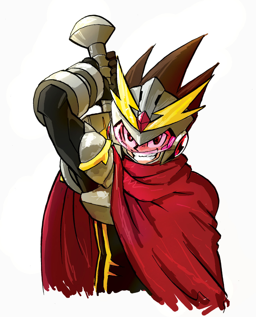 1boy assault_visor black_bodysuit bodysuit cape geo_stelar_(mega_man) helmet highres holding holding_sword holding_weapon itagaki_masaya male_focus mega_man_(series) mega_man_star_force_(series) mega_man_star_force_2 red-tinted_eyewear red_cape simple_background solo star_force_mega_man sword tinted_eyewear upper_body weapon white_background