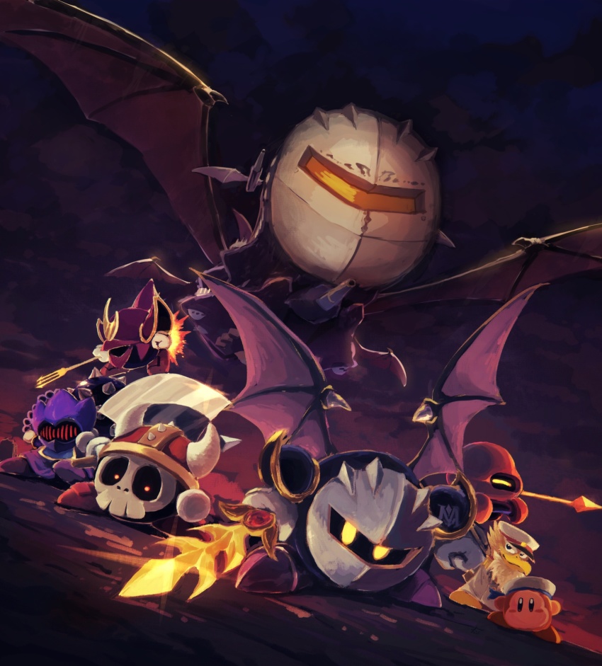 aircraft airship armor axe axe_knight_(kirby) bat_wings captain_vul cloud cloudy_sky dark_clouds dark_sky fake_horns flail galaxia_(sword) halberd_(airship) helmet highres horned_helmet horns javelin_knight kirby_(series) kirby_super_star looking_at_viewer mace_knight mask meta_knight nintendo overcast polearm sailor_waddle_dee shoulder_armor skull sky suyasuyabi sword trident trident_knight weapon white_headwear wings