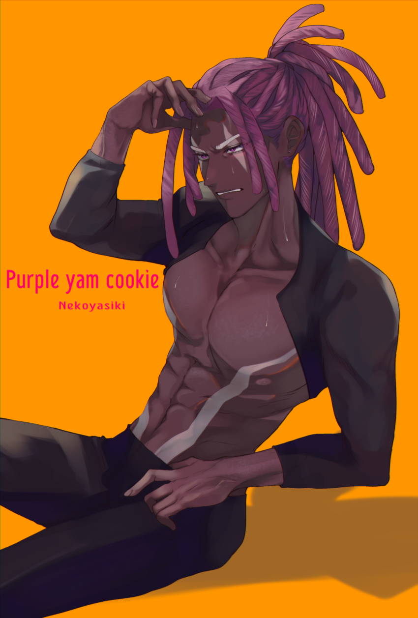 1boy artist_name bad_id bad_twitter_id character_name clenched_teeth commentary cookie_run dark-skinned_male dark_skin dreadlocks highres humanization male_focus muscular muscular_male nekoyasiki33 personification purple_eyes purple_yam_cookie signature simple_background solo symbol-only_commentary teeth