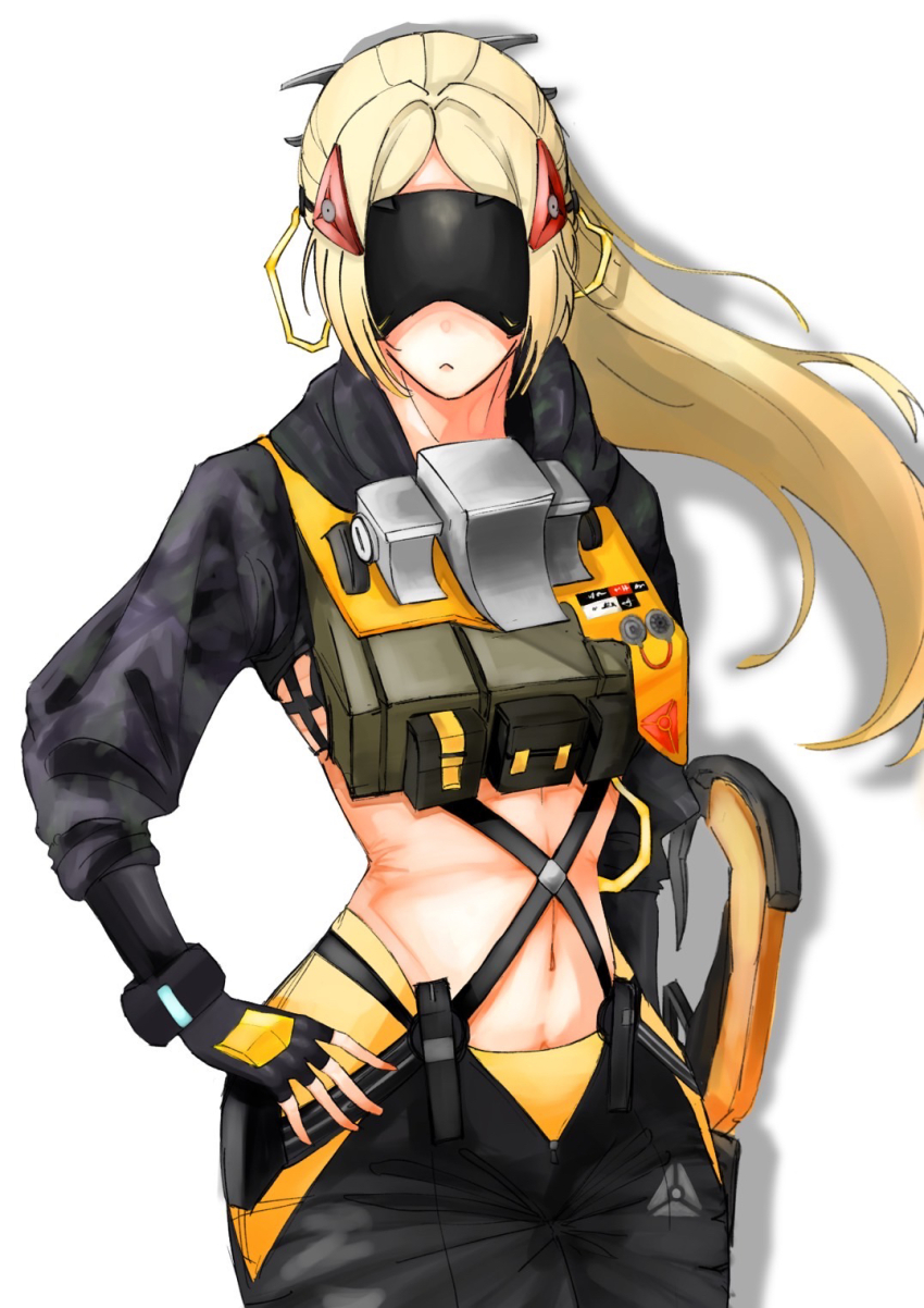 1girl black_gloves black_shrug blindfold blonde_hair camouflage camouflage_jacket camouflage_pants covered_eyes eye_mask gloves glowing_mask hair_ornament highres jacket latex_pants long_hair pants ponytail shirt shrug_(clothing) simple_background solo tight_clothes tight_pants triangle_hair_ornament trigger_(zenless_zone_zero) white_shirt zenless_zone_zero