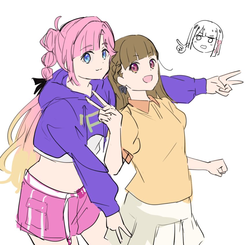 3girls :3 :d ahoge anyoji_hime anyoji_hime_(summer_training_wear) belt black_ribbon blonde_hair blue_eyes blunt_bangs blunt_ends braid breasts brown_hair center-flap_bangs chibi chibi_inset clenched_hand closed_mouth cowboy_shot cropped_hoodie double_v flower_knot gradient_hair hair_ribbon head_only highres hood hoodie kachimachi_kosuzu kachimachi_kosuzu_(summer_training_wear) link!_like!_love_live! long_belt long_hair long_sleeves love_live! midriff miniskirt momose_ginko multi-tied_hair multicolored_hair multiple_girls muneta_(ntani_2) official_alternate_costume open_mouth pink_eyes pink_hair pink_shorts pleated_skirt polo_shirt ponytail purple_hoodie ribbon shirt short_hair short_sleeves shorts side_ahoge side_braids sidelocks simple_background skirt small_breasts smile split_mouth straight_hair swept_bangs v very_long_hair virtual_youtuber white_background white_belt white_shirt white_skirt yellow_shirt