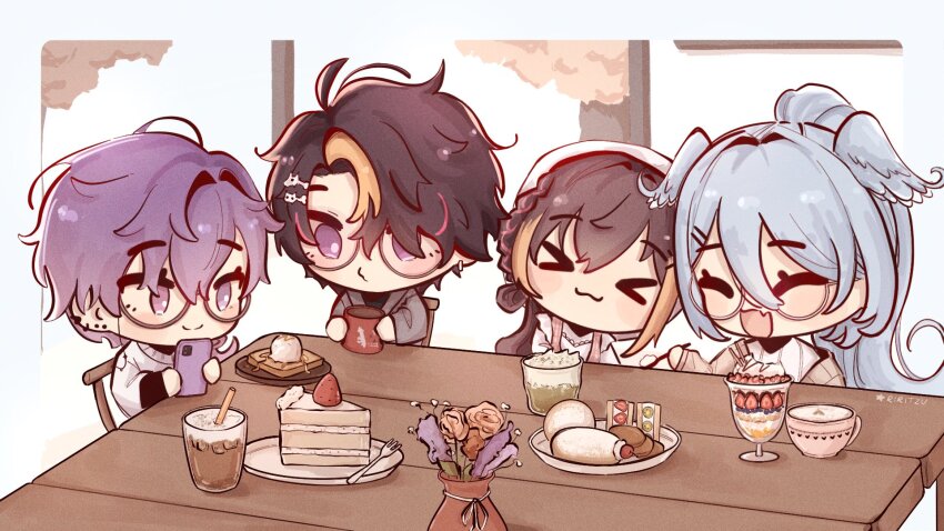 &gt;_&lt; 2boys 2girls :3 :d black_hair blue_hair blush braid cake cellphone chibi closed_eyes cup earrings elira_pendora elira_pendora_(3rd_costume) fang flower food fork glasses hair_between_eyes head_wings high_ponytail highres holding holding_cup jewelry latte_art long_hair macaron multicolored_hair multiple_boys multiple_girls nijisanji nijisanji_en open_mouth parfait petra_gurin petra_gurin_(3rd_costume) phone ponytail purple_eyes purple_hair pursed_lips ri_(riritzu) sandwich short_hair shu_yamino shu_yamino_(3rd_costume) signature skin_fang smartphone smile strawberry_parfait streaked_hair uki_violeta vase virtual_youtuber wings x3