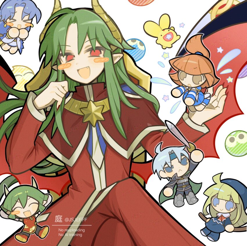 &gt;_&lt; 2boys 4girls :&gt; :d :o ^_^ arle_nadja armor armored_boots arms_up artist_name blonde_hair blue_cape blue_dress blue_eyes blue_hair blue_headband blue_necktie blue_skirt blush_stickers boots bow bowtie broom broom_riding brown_eyes cape capelet carbuncle_(puyopuyo) chair chibi china_dress chinese_clothes closed_eyes closed_mouth coat crossed_legs demon_boy demon_horns demon_wings draco_centauros dragon_girl dragon_horns dress earrings fang feet_out_of_frame fingernails flying_sweatdrops frown green_cape green_hair grey_hair grey_outline hands_up headband highres horns jewelry jsjefff long_fingernails long_hair long_sleeves looking_at_viewer multiple_boys multiple_girls necktie open_mouth orange_hair outline pants pointy_ears puyo_(puyopuyo) puyopuyo red_bow red_capelet red_coat red_dress red_eyes red_nails red_pants red_wings rulue_(puyopuyo) satan_(puyopuyo) schezo_wegey sharp_fingernails shirt short_hair shoulder_armor sidelocks simple_background single_blush_sticker sitting skirt smile star_(symbol) star_in_mouth striped_necktie twitter_username two-sided_cape two-sided_fabric watermark white_background white_shirt wings witch_(puyopuyo)
