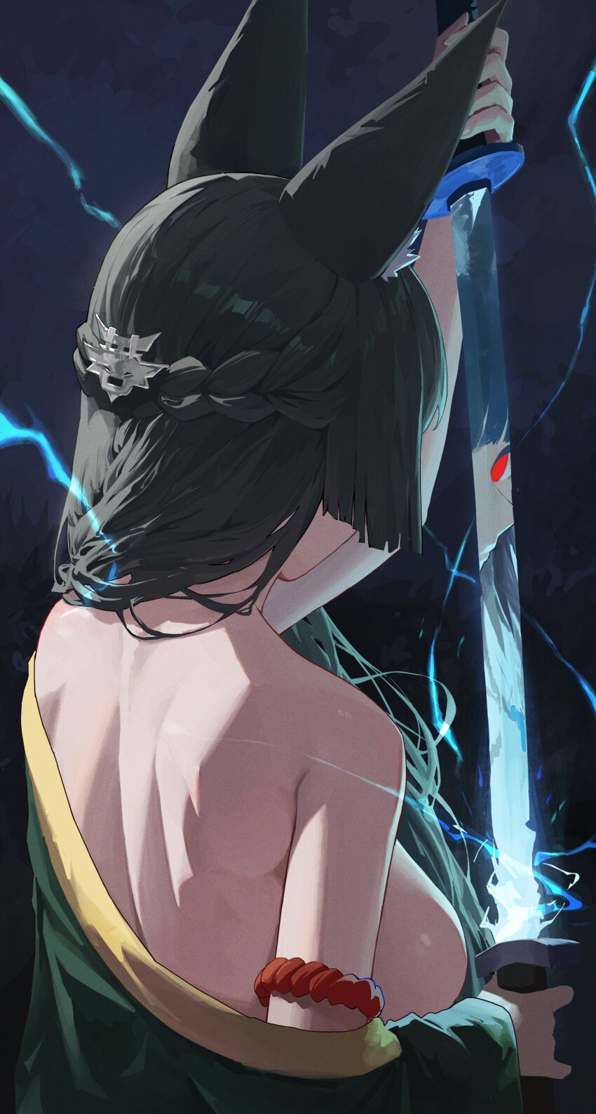 1girl absurdres animal_ears aqua_jacket black_hair braid breasts clothes_down commentary different_reflection drawing_sword fox_ears fox_girl from_behind glowing glowing_eyes glowing_sword glowing_weapon hair_ornament half_up_braid highres holding holding_sword holding_weapon hoshimi_miyabi hwan_(verypoor) jacket katana long_hair looking_at_reflection median_furrow medium_breasts red_eyes reflection sheath shoulder_blades solo sword unsheathing upper_body weapon zenless_zone_zero