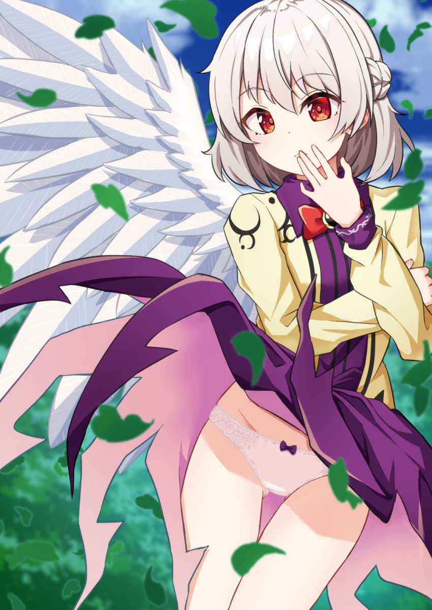1girl blue_sky blurry blurry_background bow bow_panties braid closed_mouth cloud cloudy_sky commentary_request day depth_of_field dress falling_leaves feathered_wings gluteal_fold grey_hair groin hair_between_eyes hand_to_own_mouth hand_up highres jacket kishin_sagume leaf long_sleeves nenosame open_clothes open_jacket outdoors panties puffy_long_sleeves puffy_sleeves purple_dress red_eyes sky solo touhou underwear white_panties white_wings wings yellow_jacket