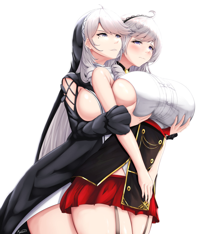 2girls absurdres ahoge algerie_(azur_lane) algerie_(meta)_(azur_lane) azur_lane blush breasts commentary commission english_commentary gold_trim grabbing_another&#039;s_breast grabbing_from_behind grey_hair groping highres huge_breasts long_hair miniskirt mole mole_under_eye multiple_girls musanix purple_eyes red_skirt sideboob signature skirt very_long_hair yuri
