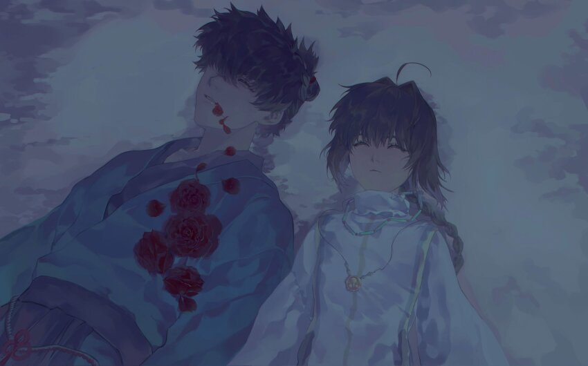 1boy 1other ahoge androgynous black_hair blue_kimono braid braided_ponytail buyaozaoqi closed_eyes fate/grand_order fate/samurai_remnant fate_(series) flower hair_intakes highres japanese_clothes jewelry kimono long_hair lying miyamoto_iori_(fate) necklace on_back on_ground petals red_flower red_rose rose sidelocks single_braid topknot upper_body white_kimono yamato_takeru_(fate)