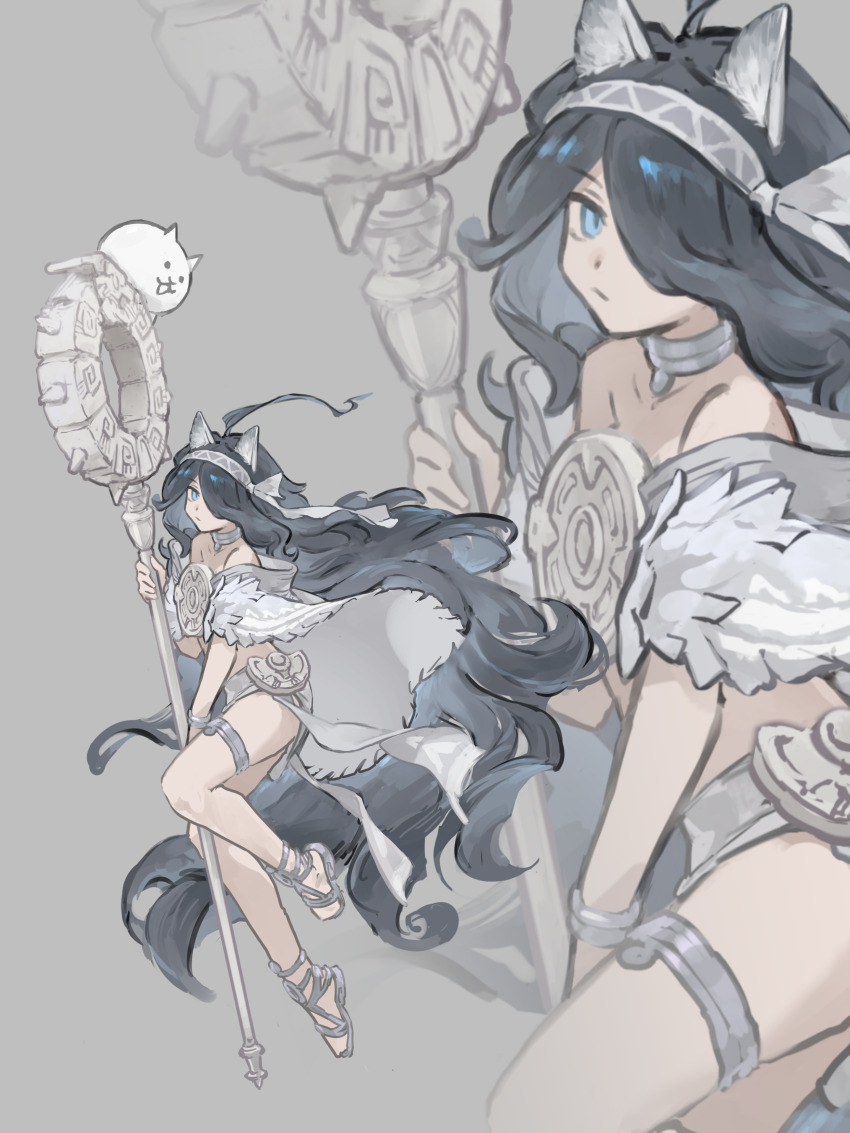1girl absurdres ahoge animal animal_ears black_hair cat chikoku_no_oni chinese_commentary choker closed_mouth coat commentary_request flying full_body grey_background grey_eyes hair_over_one_eye hairband highres holding holding_staff kasli_(nyanko_daisensou) long_hair looking_at_viewer multiple_views nyanko_daisensou off-shoulder_coat off_shoulder one_eye_covered sandals simple_background staff thigh_strap thighs very_long_hair white_choker white_coat white_hairband white_sandals