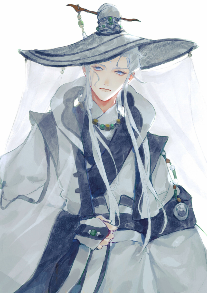 1boy beads bishounen blue_eyes chinese_clothes closed_mouth coat expressionless gloves hair_ornament hair_stick hanfu haotian_xuansu hat highres jewelry jinguang_budaixi long_hair long_sleeves looking_at_viewer male_focus necklace robe simple_background solo tassel upper_body veil white_background white_hair white_hanfu white_robe wide_sleeves zhao_yi