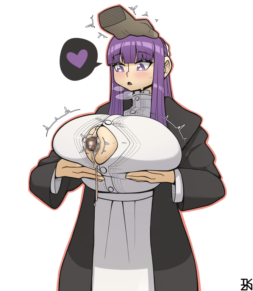 1boy 1girl :o blush breasts censored clothed_female_nude_male clothed_sex cum cum_on_body cum_on_breasts cum_on_upper_body dark-skinned_male dark_skin ejaculation_between_breasts fern_(sousou_no_frieren) grabbing_own_breast hand_on_another&#039;s_head hetero highres huge_breasts interracial long_hair looking_at_viewer mosaic_censoring nude open_mouth paizuri paizuri_under_clothes penis perpendicular_paizuri purple_eyes purple_hair simple_background sousou_no_frieren takyzen white_background